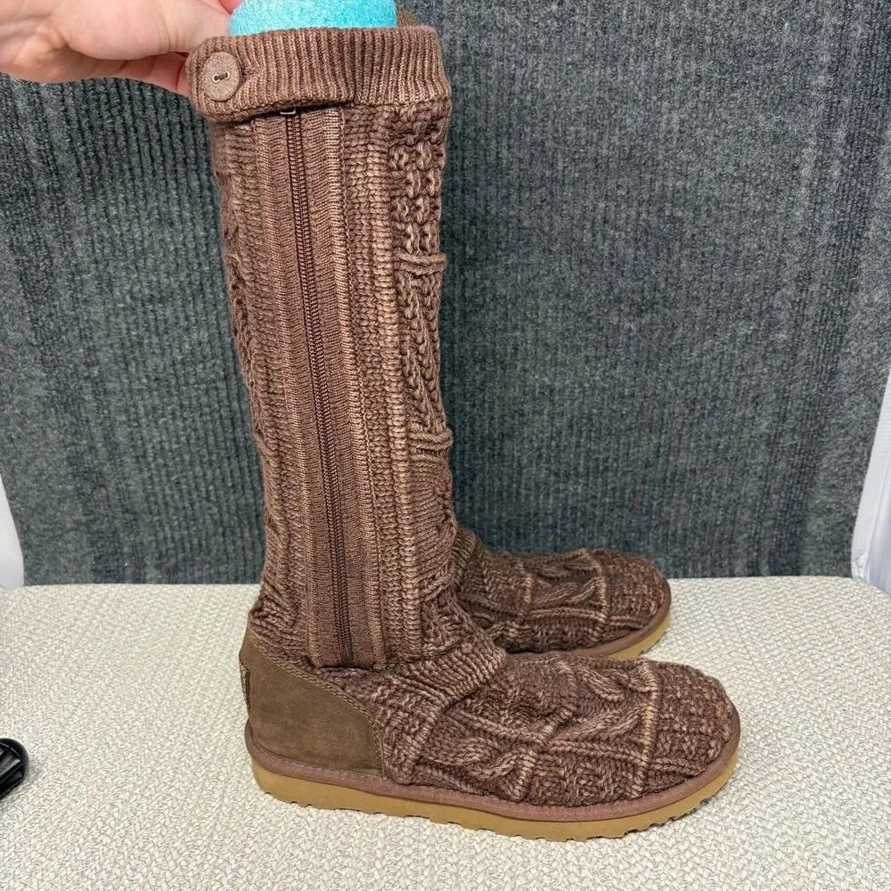 UGG Classic Cardi Tall Boots Knee High Cable Knit Chunky Brown Sheepskin Sz 9